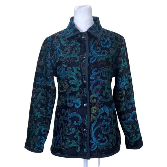 Coldwater Creek Jackets & Blazers - Coldwater Creek Sz XS Pet Brocade Reversible Tapestry Jacket Blazer Green Black